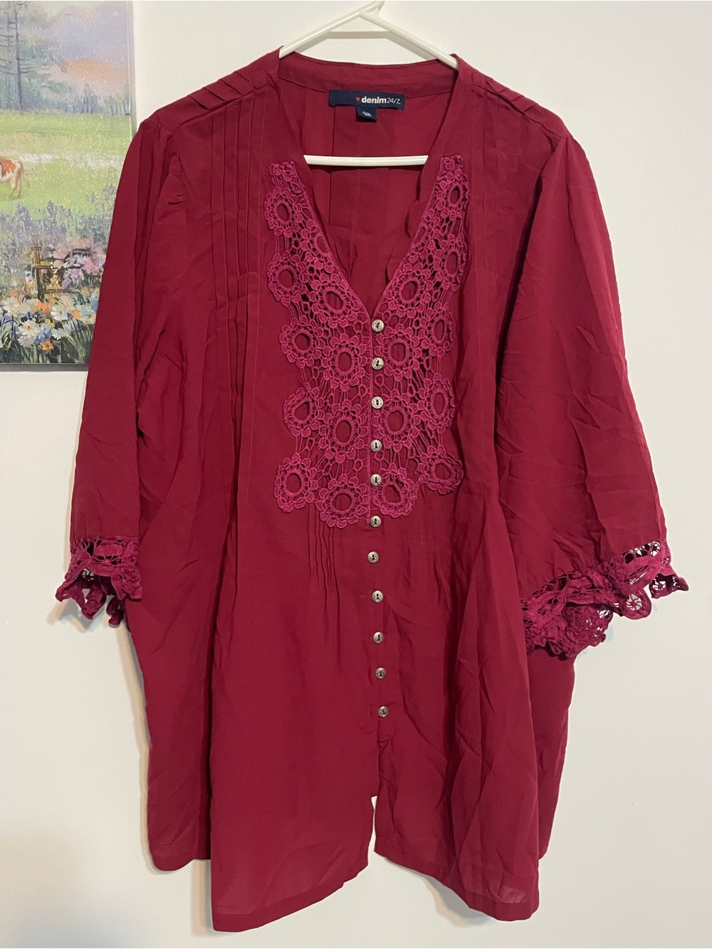 Denim&Co Women's Burgundy Crochet-Trim Tunic